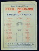 1930 England (Champions) v France rugby programme - played on Saturday 20th February with England