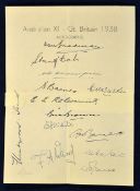 1938 Australian Cricket XI - Official autograph sheet. 1938 Official Australian Cricket XI – Great