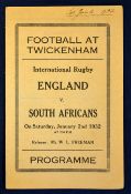 Rare 1932 England v South Africa pirate rugby programme - played on Sat 2nd January with South