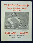 1933 Wilf Wooller Debut for Wales. 1933 England v Wales rugby programme - played on Saturday 21st