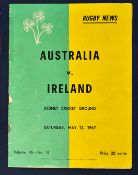 1967 Australia v Ireland international rugby programme - played at the Sydney Cricket Ground on