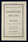 1937 Ireland (Runners Up) v Wales rugby programme - single folded sheet played at Ravenhill 3rd