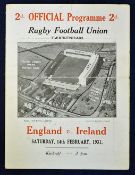 1931 England v Ireland rugby programme - played on Saturday 14th February with Ireland going on to