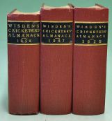 Wisden Cricketers’ Almanacks 1956-58 all rebound in red cloth boards, all books in G condition