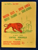 1955 British Lions v South Africa rugby programme, 3rd test dated 03/09/1955 played at Pretoria,