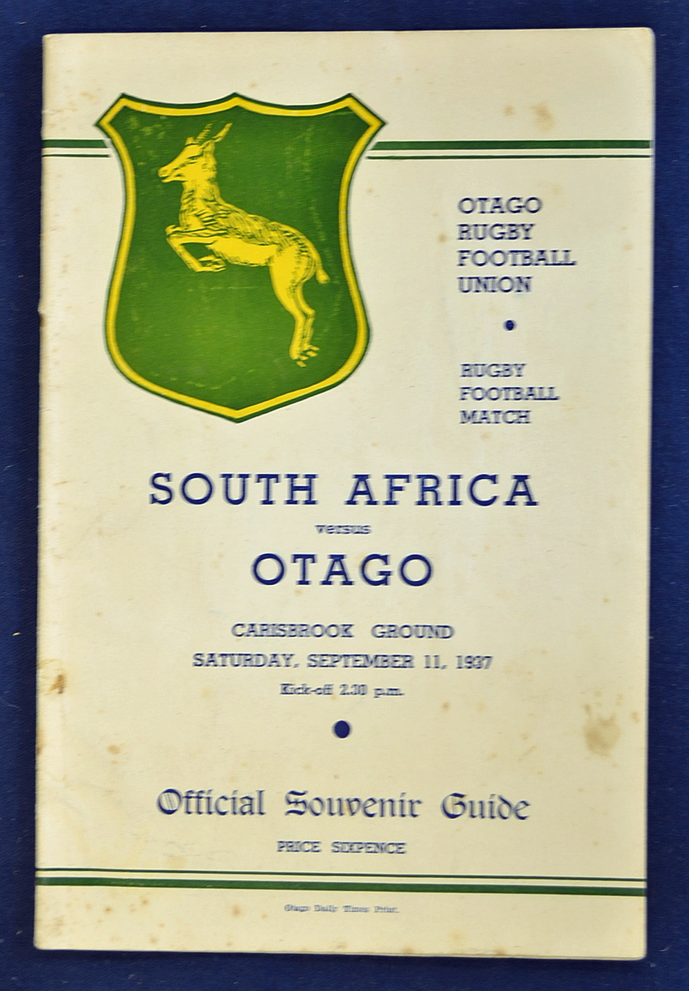 1937 South Africa v Otago rugby programme - played at Carisbrook Ground on Saturday 11th September