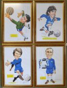 4x Fun Chelsea footballing legends caricature prints signed by the artist Bob Bond featuring Peter