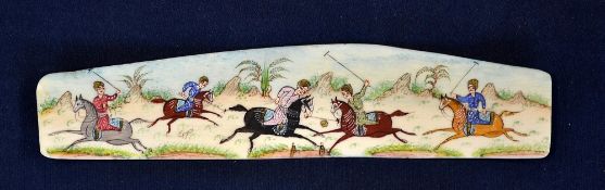 Horse Polo - a hand coloured painted image on bone of a polo match in Asia overall 4 x 18cm