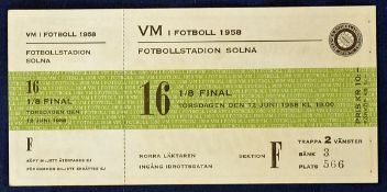 1958 World Cup match ticket Sweden v Hungary 12 June 1958 in Stockholm. Complete ticket with