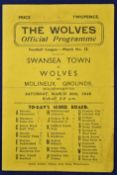 1945/1946 Wolverhampton Wanderers v Swansea Town football programme War League South dated 30