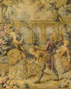 French Tennis/Shuttlecock tapestry scene - depicting a garden scene from the late 1700s with male