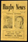 1962 Australia v New Zealand All Blacks rugby international programme - 2nd test match played on