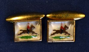 Hunting – vintage pair of gilt rectangular cufflinks featuring a horse and red jacket rider under