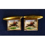 Hunting – vintage pair of gilt rectangular cufflinks featuring a horse and red jacket rider under