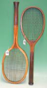 Good “Elite” wooden fan tail tennis racket, fitted with a concave wedge stamped Sports Ltd