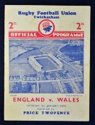 1939 England v Wales rugby programme - played on 21st January with England winning 3-0 and finishing