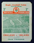 1937 England v Ireland rugby programme - played on 13th February with once again England winning