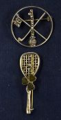 Tennis & Golf brooches to incl white metal tennis brooch racket, 4.5cm, decorated with the three-