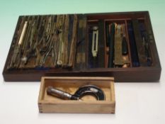 Cased Technical Drawing Instruments with a micrometer screw gauge