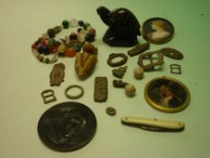 Quantity of Sundries to include small antiquities, two portrait miniatures, hard-stone netsuke and