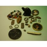 Quantity of Sundries to include small antiquities, two portrait miniatures, hard-stone netsuke and