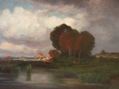 E Palazio. River scene with distant farm buildings. Signed. Oil on canvas 11"x 16"