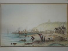 French School 19th Century Beach scene with fisher folk, boats and cottages. Indistinctly signed