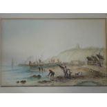 French School 19th Century Beach scene with fisher folk, boats and cottages. Indistinctly signed