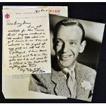 1976 Signed Fred Astaire hand written letter c/w black and white photograph 21.5 x 25.5cm, the
