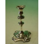 Silver Taperstick Rococo in form, engraved inscription. 5" high. Birmingham 1885
