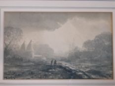 English School 19th Century. Kent landscape with oast houses and figures after the rain. Signed