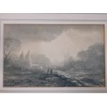 English School 19th Century. Kent landscape with oast houses and figures after the rain. Signed