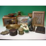Quantity of Sundries to include cloisonné, brass string box, taxidermy bird, clockwork boat and