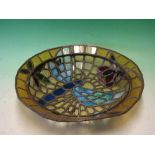A Stained Glass Plafonnier in the manner of Tiffany Studios, with dragonfly and foliage in