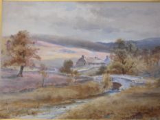 Edward Tucker c1846-1909 Moorland landscape with bridge and cottages. Signed with pseudonym "