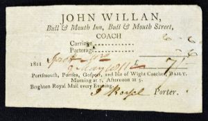 1811 Stage Coaching Ticket from Bull & Mouth Inn in the City of London for 6/6d for some 22 miles on