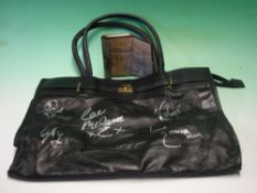 Spice Girls Memorabilia. A leather bag and brown purse each signed by all five Spice Girls in silver