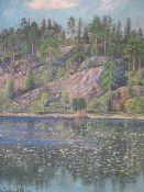 Hjalmar Trafvenfeldt 1851-1937. Lake scene with woodland. Signed and dated 1925. Oil on canvas 25"