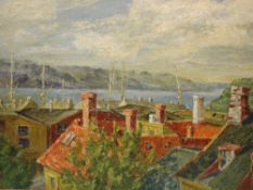 D A Cook. Trondheim, Norway. Signed and dated '48. Inscribed verso. Oil on board 22"x 27"