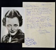 1977 Signed Mary Astor hand written letter c/w original black and white photograph 13.5 x 20cm,