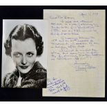 1977 Signed Mary Astor hand written letter c/w original black and white photograph 13.5 x 20cm,