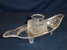 Silver Inkstand of oval form, pierced with diapers and gadrooned, the hobnail cut well with silver
