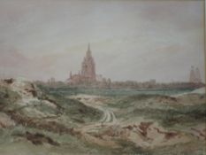 French School 19th Century. Landscape with Calais skyline. Watercolour on paper 10 ½"x 14 ½"