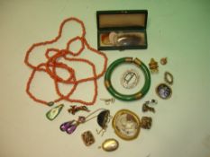 Miscellaneous Jewellery to include a shell cameo, coral necklace, jade bangle (AF), fob seals,