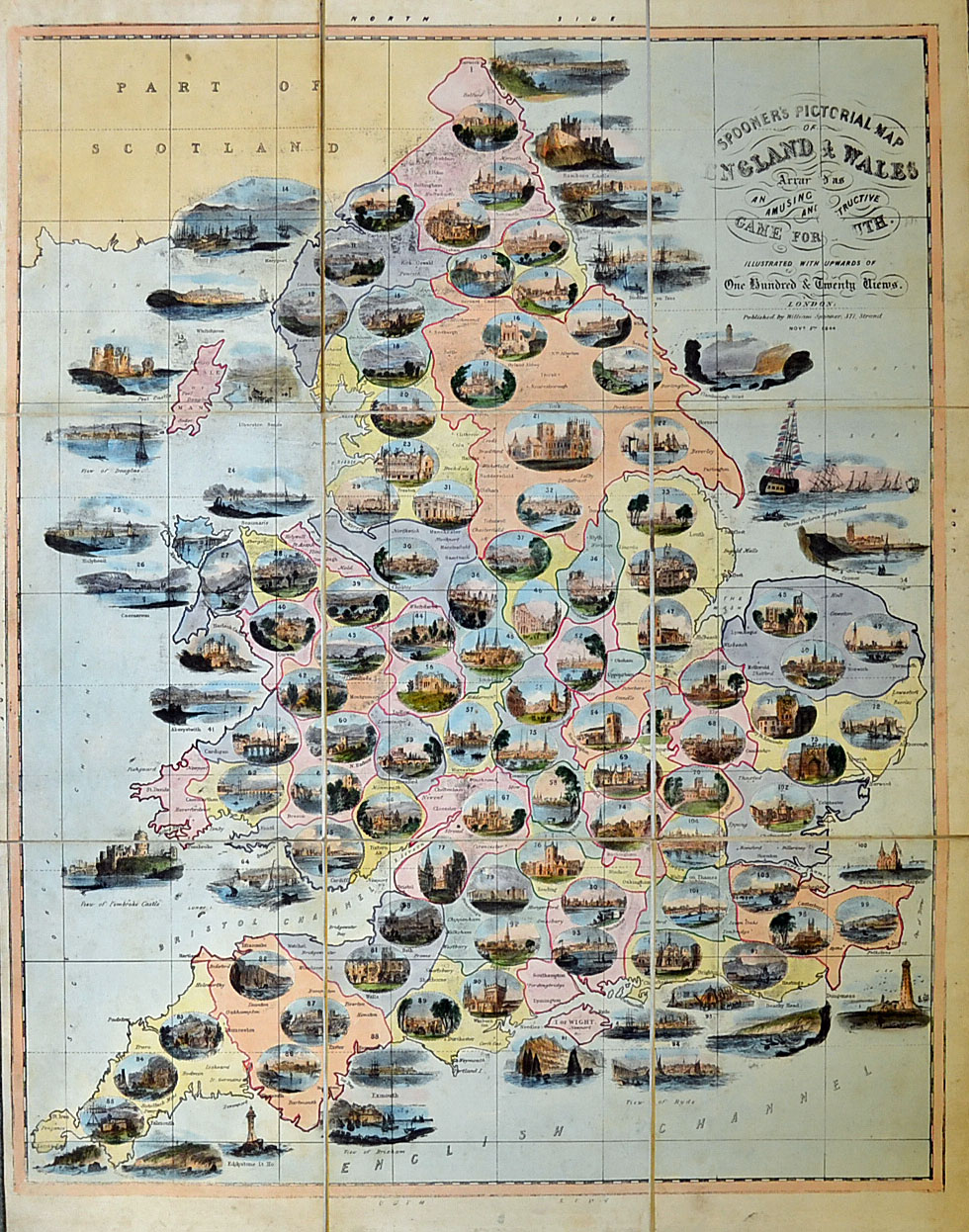 1844 Spooner's Pictorial Map of the Cities and Towns of England & Wales Board Game, attractively