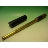 A Three Draw Telescope Gilt brass and leather tube with ray shield and lens cap. Cased. Optics
