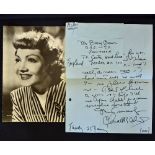 Signed Claudette Colbert hand written letter c/w black and white photograph 17 x 23cm, the letter