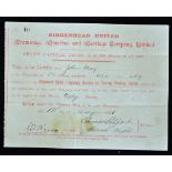 1891 Birkenhead United Tramways, Omnibus and Carriage Company Ltd Certificate for Fifty shares dated