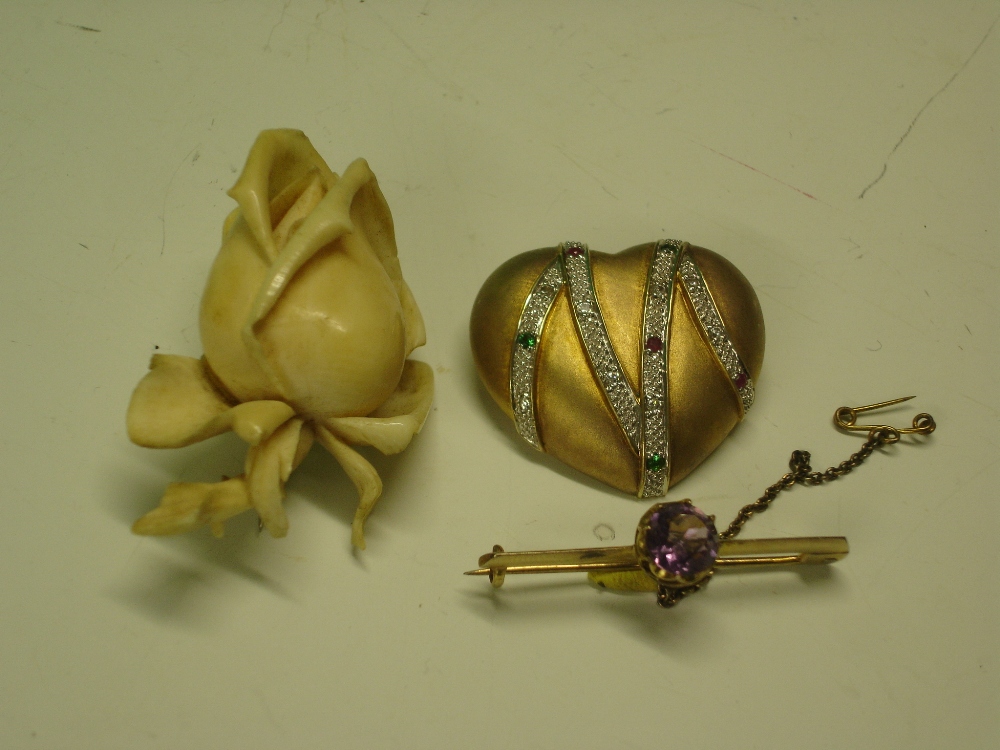 A Carved Ivory Rose Brooch together with an amethyst bar brooch and a silver gilt heart brooch set