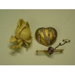 A Carved Ivory Rose Brooch together with an amethyst bar brooch and a silver gilt heart brooch set